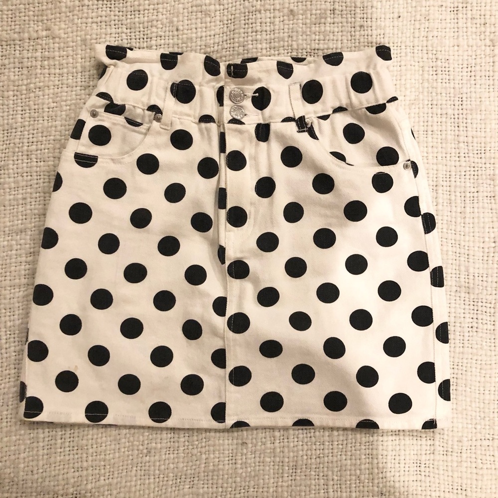 Sunset + spring polka dot mini denim skirt
